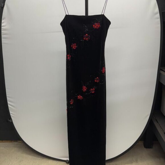 JS Botique Black Velvet Floral Applique Floor Length Gown - Picture 1 of 6